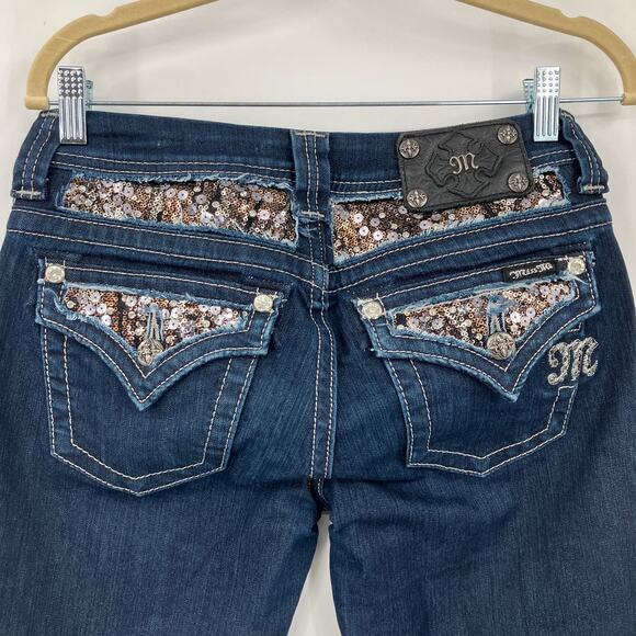 Miss Me Dark Blue Wash Easy Boot Sequin Stretch Flap Pockets Bootcut Jeans Pants - Picture 8 of 11